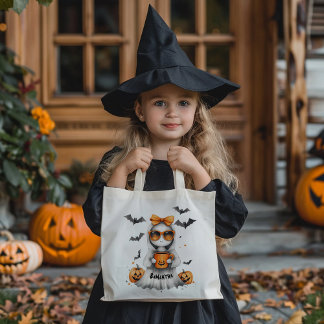Schattige klein Halloween meisje met een Oranje bo Tote Bag