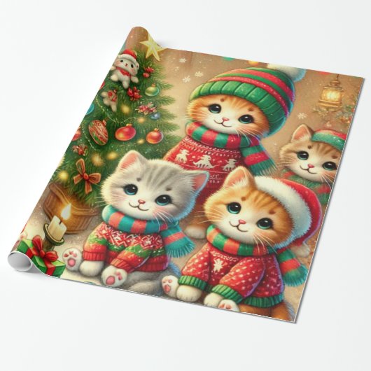 Schattige Klein Kat Collectie Kerst Cadeaupapier (Uitgerold)