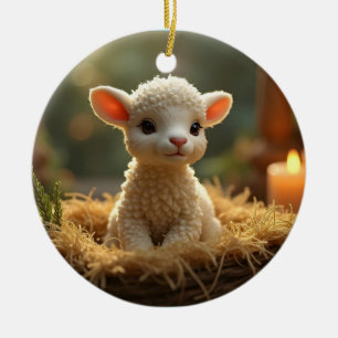 SCHATTIGE KLEIN LAM IN EEN KRIBBE KERAMISCH ORNAMENT