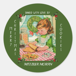 Schattige klein meisje bakt kerstsnoepjes ronde sticker