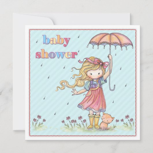 Schattige klein meisje en kitten Baby shower nodig Kaart (Voorkant)