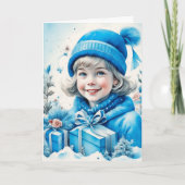 Schattige klein meisje in blauw kerst kaart (Voorkant)
