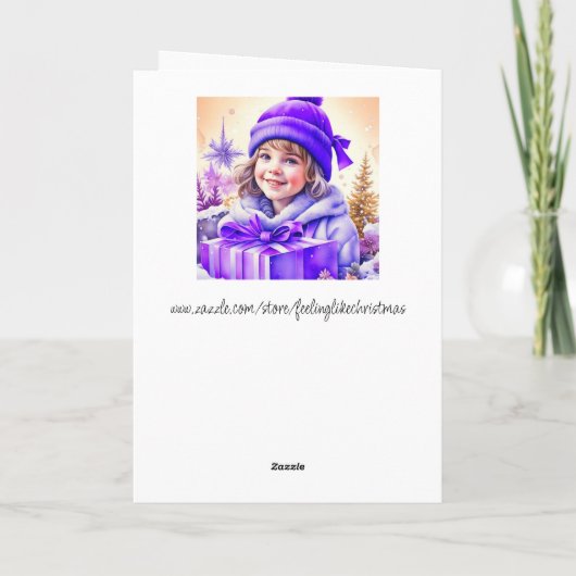 Schattige klein  meisje in Paarse kerst Kaart (Achterkant)