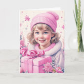 Schattige klein  meisje in roze retro kerst kaart (Voorkant)