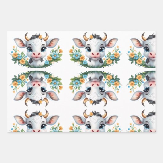 Schattige klein meisje koe in bloemen inpakpapier vel (Voorkant 3)