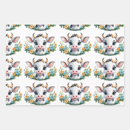 Schattige klein meisje koe in bloemen inpakpapier vel (Voorkant)