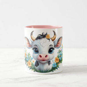 Schattige klein meisje koe in bloemen tweekleurige koffiemok
