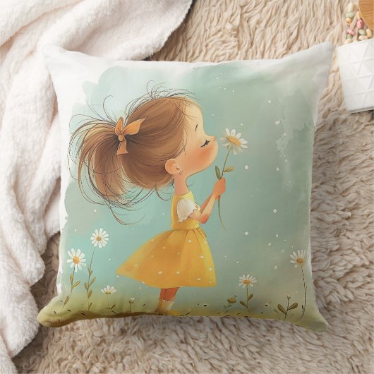 Schattige klein meisje met bloemen kussen, grillig kussen (Deken)