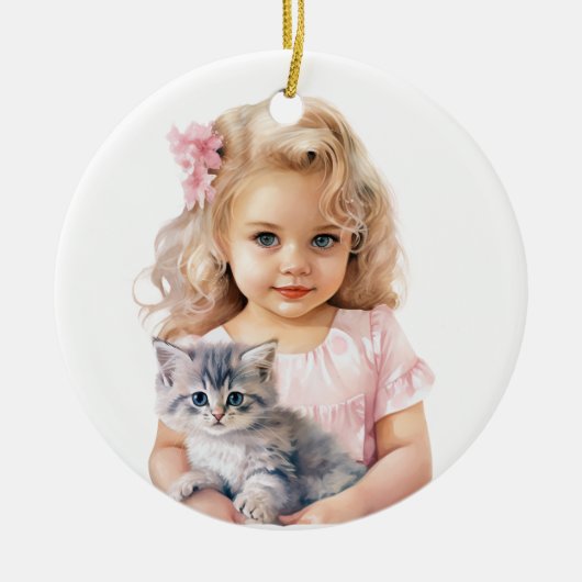 SCHATTIGE KLEIN MEISJE MET HAAR KITTEN KERAMISCH ORNAMENT (Voorkant)
