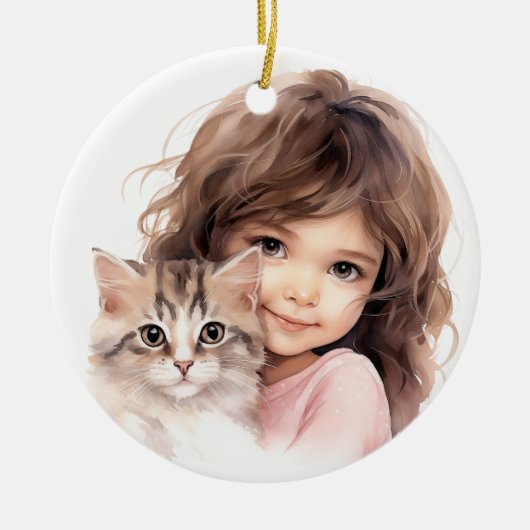 SCHATTIGE KLEIN MEISJE MET HAAR KITTEN KERAMISCH ORNAMENT (Voorkant)