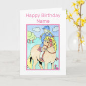 Schattige klein meisje rijden Pony Cartoon Verjaar Kaart (Gele Bloem)