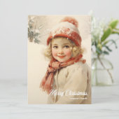 Schattige klein meisje sneeuwbos rode sjaal Kerstm Feestdagenkaart (Staand voorkant)