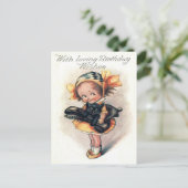 Schattige klein meisje zwarte kat briefkaart (Staand voorkant)