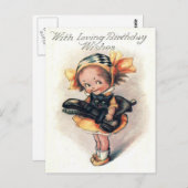 Schattige klein meisje zwarte kat briefkaart (Voorkant / Achterkant)