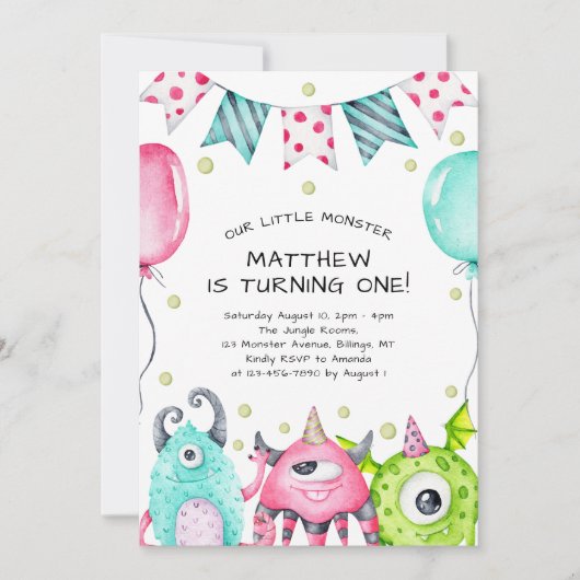 Schattige klein monster Kind's verjaardagsfeestje Kaart (Voorkant)
