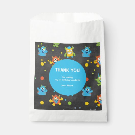 Schattige klein Monster krijtbord thema Verjaardag Bedankzakje (Voorkant)
