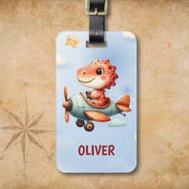 Schattige klein piloot dinosaurus vliegend vliegtu bagagelabel