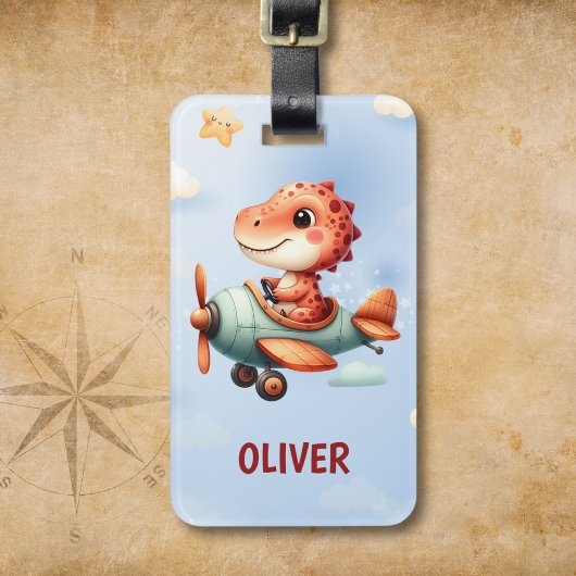 Schattige klein piloot dinosaurus vliegend vliegtu bagagelabel