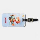 Schattige klein piloot dinosaurus vliegend vliegtu bagagelabel (Voorkant horizontaal)