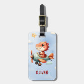 Schattige klein piloot dinosaurus vliegend vliegtu bagagelabel (Voorkant verticaal)