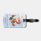 Schattige klein piloot dinosaurus vliegend vliegtu bagagelabel (Achterkant horizontaal)