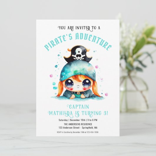 Schattige klein piraat meisje turquoise verjaardag kaart (Staand voorkant)