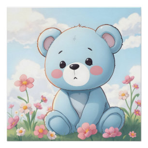 Schattige kleine blauwe teddybeer in tuin perfect poster