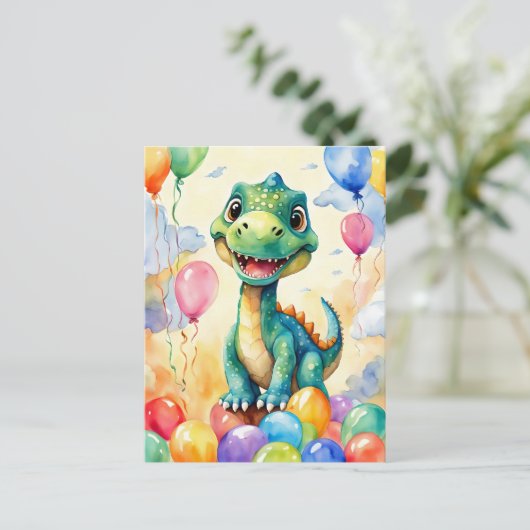 Schattige kleine dinosaurus met veel kleurige ball briefkaart (Staand voorkant)