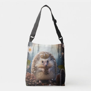 schattige kleine egel in het bos met kegels crossbody tas