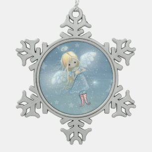 Schattige kleine engel in de sterren tin sneeuwvlok ornament