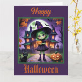 Schattige kleine heks Halloween Kaart (Gele Bloem)