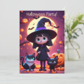 Schattige kleine heks met katten en pompoenen, op  kaart (Staand voorkant)