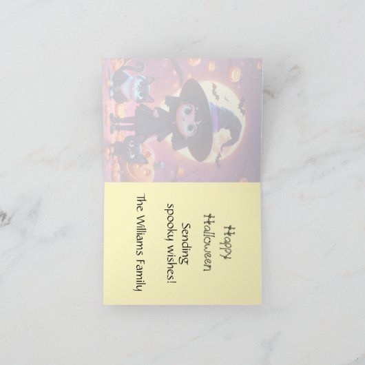 Schattige kleine heks met katten en pompoenen, op  kaart (Binnen)