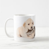 schattige kleine kattenslaapt in de handen van de  koffiemok (Links)