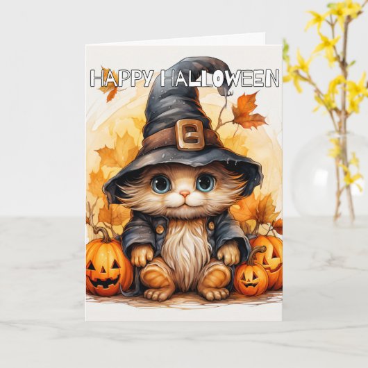 Schattige kleine kitten kat heks | Happy Halloween Kaart (Gele Bloem)