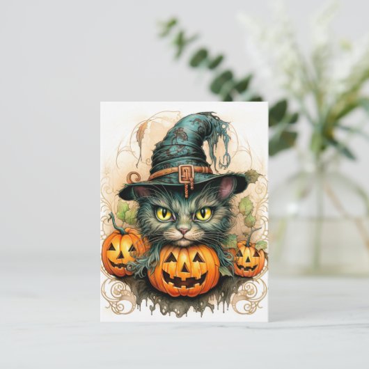 Schattige kleine kitty kat heks briefkaart (Staand voorkant)