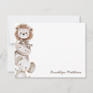 Schattige Kleine Leeuw, Nijlpaard & Olifant Kinder Notitiekaartje