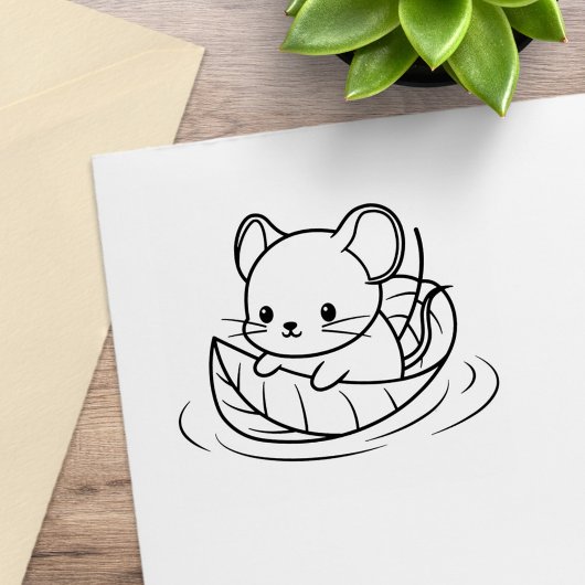 Schattige Kleine Muis Blad Boot Rubberstempel