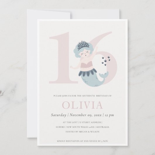 Schattige kleine roze blauwe zeemeermin 16e verjaa bedankkaart (Voorkant)