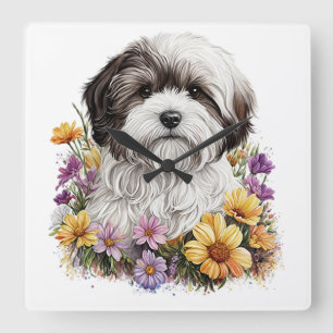 SCHATTIGE KLEINE SHIH TZU HOND MET BLOEMEN VIERKANTE KLOK
