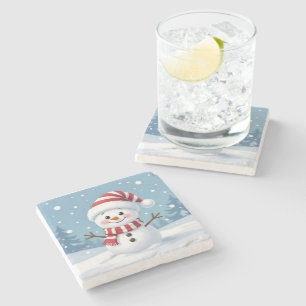 Schattige kleine sneeuwman met sjaal en hoed stenen onderzetter