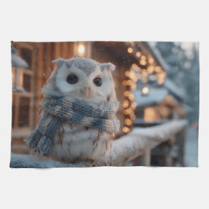 Schattige kleine uil met gebreide winter sjaal theedoek