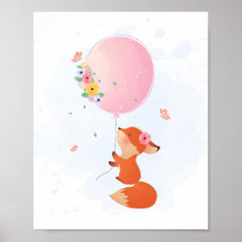 Schattige kleine vos die vliegt met roze ballon poster