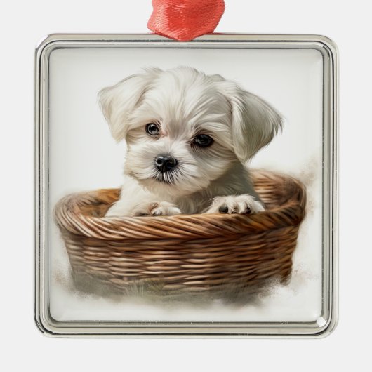 SCHATTIGE KLEINE WITTE MALTESE PUPPYHOND METALEN ORNAMENT (Voorkant)