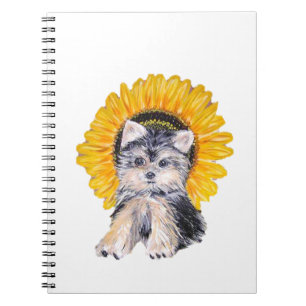 Schattige kleine Yorkshire-hond en zonnebloem kuns Notitieboek