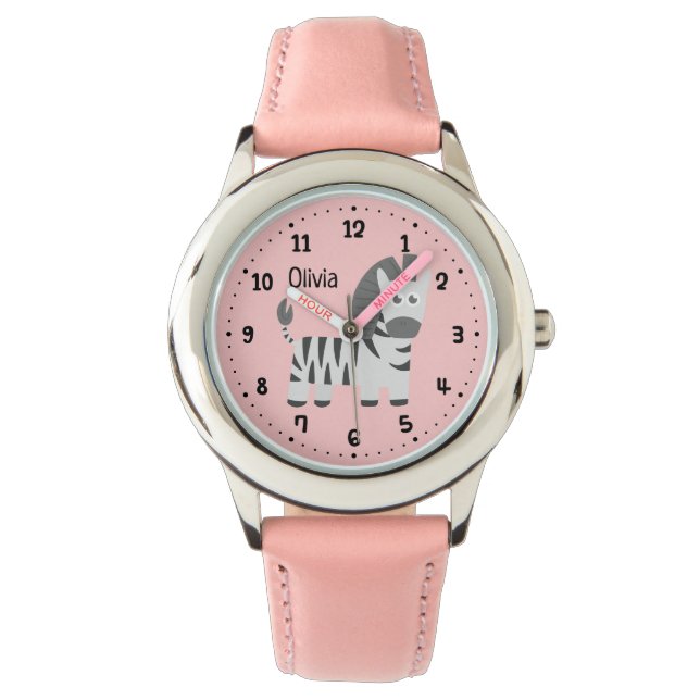 Schattige Kleine Zebra Kinderen Gepersonaliseerd Horloge (Voorkant)