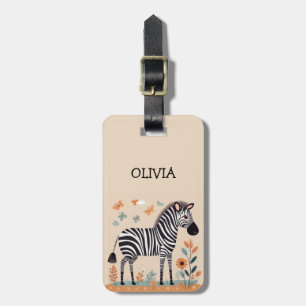 Schattige Kleine Zebra met Bloemen en Vlinders Bagagelabel
