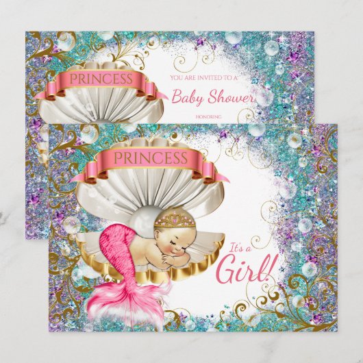 Schattige Kleine Zeemeermin Baby Shower Uitnodigin Kaart (Voorkant / Achterkant)