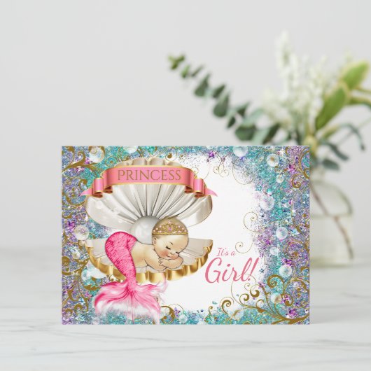 Schattige Kleine Zeemeermin Baby Shower Uitnodigin Kaart (Staand voorkant)