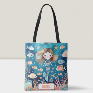 Schattige Kleine Zeemeermin Onder De Zee met Koraa Tote Bag
